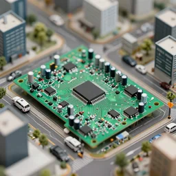 circuit board neighborhood, transistors, capacitors, buildings and cars, tilt shift