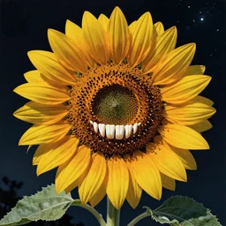 vintage comic book cover of a sunflower with sharp teeth in midnight, surrealism, artstation, highly detailed