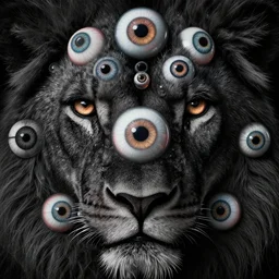 eyes of a black lion, surreal art by colin christian and junji ito and mc escher and ian miller, faberge eyeballs, trypophobia! eyes, eyes everywhere, symmetry!, eyes!, ( cognitive illusion )!!, oleg suplyak, highly detailed, infinite intricacy