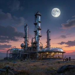 a beautiful photorealistic illustration of abandoned refinery by moon hoon, magic realism sunset meadow atlantis cosmic biopunk alien nature reclaimed by nature tundra wilderness studio ghibli azeroth bioshock partly cloudy night made of glass scumm bar at dawn, archdaily, wallpaper, highly detailed, trending on artstation.