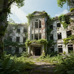 abandoned hospital reclaimed by nature, overgrowth, moss, vines, 3 d render, unreal engine, godrays, realistic