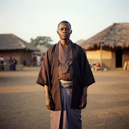 analogue photo of an igbo chief wearing Haori & Hakama, african village, 35mm, f/1.4, Golden Hour light, national geographic, photographed by Martha Cooper,