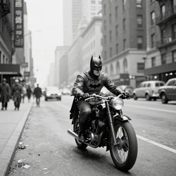 old black and white photo, 1 9 1 3, depicting batman on a motorcycle from dark knight racing through the bustling streets of new york city, rule of thirds, three - point perspective, historical record