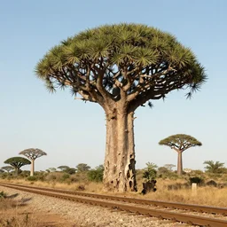 dragon blood tree, baobab tree, railway, by shunji dodo, 8 k resolution, high quality