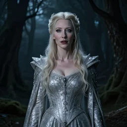 portrait of mischievous, baleful Cate Blanchett as Galadriel as a queen of fairies, dressed in a beautiful silver dress. The background is a dark, creepy eastern europen forrest.  night, horroristic shadows, high contrasts, ((lumnious)), theatrical, character concept art by ruan jia, thomas kinkade, and J.Dickenson, trending on Artstation