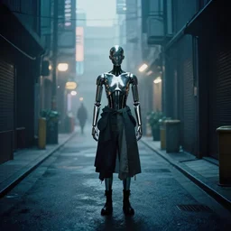 a sad dramatic scene of an american person losing faith in life, portrayed by a chrome metal humanoid android wearing futuristic urban japanese clothing with a cold color palette filmed in a solitary alley located in a futuristic cyberpunk city with foggy environment and illuminated by night time lights that create sunshaft everywhere directed by dave villeneuve using an imax movie camera with a cinestill 8 0 0 t film
