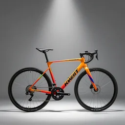 Klein Adroit bicycle, covered in brand logos, multiple bright colors, lightbox