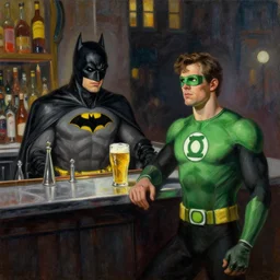 batman working as a bartender serving hal jordan green lantern a beer. brooklyn, 1 9 7 9. oil painting in the style of nighthawks.