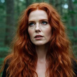 a beautiful photographic still of a sexy witch looking off into the distance, long curvy red hairs, beautiful eyes and face, natural soft light failing on her face, by annie leibowitz + primordial magic forrest