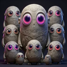 anthropomorphic highly detailed group portrait of funny neon giant cute eyes stone golem, intricate, elegant, highly detailed, digital painting, artstation, concept art, smooth, sharp focus, illustration, art by artgerm, bob eggleton, michael whelan, stephen hickman, richard corben, wayne barlowe, trending on artstation and greg rutkowski and alphonse mucha, 8 k