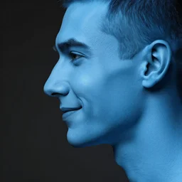 side view of a na - avi man looking sideways with [ [ blue ] ] [ skin ] and elegant smiling chiseled jaw, blue skin, elf ears, a singular long blue braided ponytail flowing with the wind, blue hair is cropped on the sides of the ears, skin is blue, [ white ] [ background ], 8 k, 8 5 mm f 1. 8