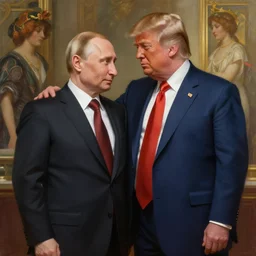 vladimir putin marrying donald trump, elegant, highly detailed, digital painting, artstation, concept art, smooth, sharp focus, illustration, art by artgerm and greg rutkowski and alphonse mucha