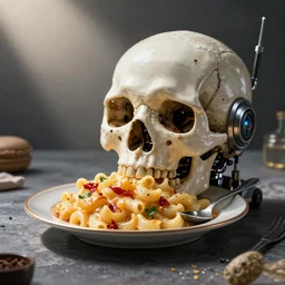 sci-fi macaroni and cheese serviced out of a cyborg robot skull. photograph.
