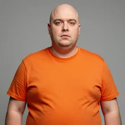 um homem calvo, gordo e com uma camiseta laranja, 8 k, hdr, great light, by greg rutkowski and annie leibowitz
