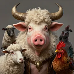 a hyper detailed full face portrait of a anthropomorphic joaquin phoenix as the king of animals, cow horns, pig nose, sheep wool, chicken feathers, horror, by anna podedworna, by miklos ligeti, by diego maricato, by taran fiddler, by antonino truisi, by chris reddie, on artstation