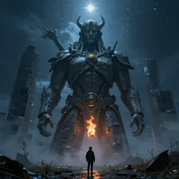 a realistic detail of a lonely world, huge giant guardian statue, abandoned, shining star, the born fire, traveller, raining, mist by Julian calle, Leonardo Calamati, wlop, Beksiński, Dylan cole, Erak note, Denis Villeneuve, Ben Nicholas, Anton Fadeev, thomas kinkade, rutkowski, Finnian MacManus, Syd Mead, Trending on artstation, blue and black scheme, 8k, Unreal Engine