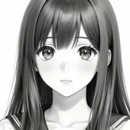 hyper detailed black and white realistic close shot from the front of manga cute young adult girl with long black hair wearing school uniform sitting in a chair with worried expression by yoji shinkawa, shikinami asuka langley, johfra bosschart