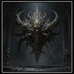 professional concept art of a symmetrical ominous floating terrifying object in a dark room by artgerm and greg rutkowski ( thin white border ). an intricate, elegant, highly detailed digital painting, concept art, smooth, sharp focus, illustration, in the style of cam sykes, wayne barlowe, igor kieryluk.