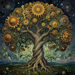 divine chaos engine by roger dean and andrew ferez, art forms of nature by ernst haeckel, tree of life, symbolist, visionary, art nouveau, botanical organic fractal structures, surreality, detailed, realistic, deep rich moody colors