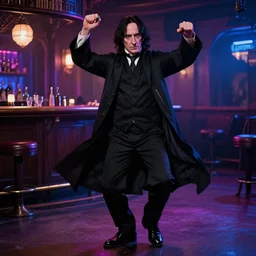 Severus Snape dances in a bar, neon, realistic, full body, very detailed, super realistic, dramatic