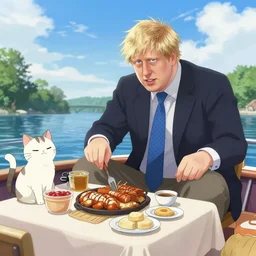 boris johnson having a cookout with his personal anime catgirls on a boat