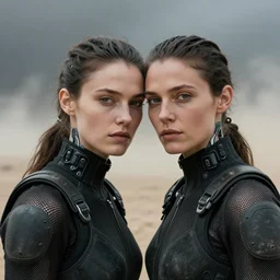 cinestill 5 0 d photographic portrait by steve mccurry of two loving female androids wearing rugged black mesh techwear on a desolate plain, extreme closeup, modern cyberpunk, dust storm, 8 k, hd, high resolution, 3 5 mm, f / 3 2, ultra realistic faces, ex machina