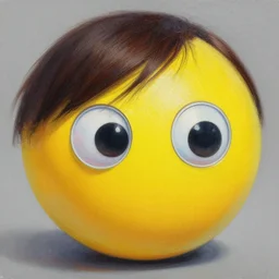 painting of a yellow ball with googly eyes and dark hair, trending on artstation