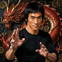 portrait of photographic Bruce Lee by Hieronymus Bosch, masterpiece of 16th century, epic, highly detailed, HD, enter the dragon movie look