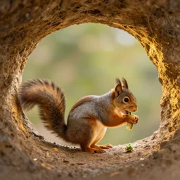 squirl eating sushi in cave, golden ratio, wide shot, depth of field