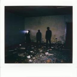 grainy polaroid photos of a dark grungy abandoned room with debris on floor with three dark shadowy human figures lit by camera flash