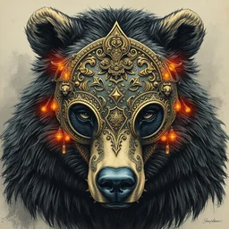 bear portrait, head on face, foreground, coherence, volumetric, wearing a carved half mask with incrustations, astral godness, ethereal, elements, baroque, rococo, ink, tarot card enviromet, cinematics lights, detailed, intricate illustration, octane render, golden ratio, fine art by peter mohrbacher & marc simonetti