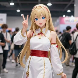 Digital anime art by WLOP and Mobius, A girl dressed up as a priestess poses for the camera at a comics convention, making V sign, smiling highly detailed
