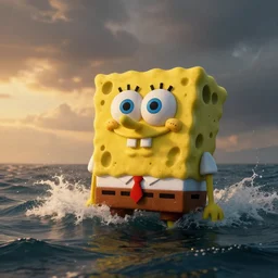 ocean storm at dusk, giant spongebob emerging from water, golden hour lighting, cinematic, establishing shot, extremely high detail, photorealistic, cinematic lighting, post-processed, concept art, artstation, matte painting in the style of eddie mendoza, adam hughes, bob ross