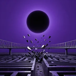 a dark matter of purple sky with a black sun falls to the ground and breaks into fragments, metallic bridge, futurism, schizophrenia, hyperrealistic fall, maze brain open street