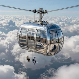 an inflated stainless steel chrome gondola in the clouds, people are hanging by steel cables. Intricate technical drawing. Mammatus clouds. Intricate, detailed, colored pencil crosshatch, Golden ratio, Oil rig, solarpunk