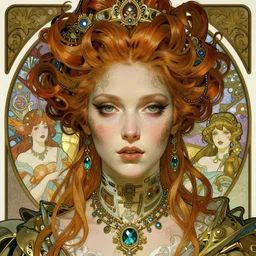 realistic detailed face portrait of a young beautiful alien baroque cyberpunk queen marie antoinette by alphonse mucha, ayami kojima, amano, greg hildebrandt, and mark brooks, art nouveau, female, feminine, baroque cyberpunk, rococo cyberpunk, neo - gothic, gothic, character concept design