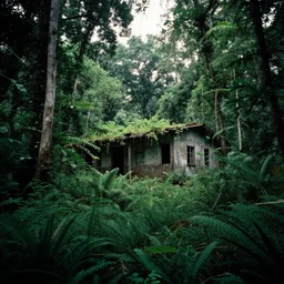 an overgrown lush rainforest with an abandoned house, 1999