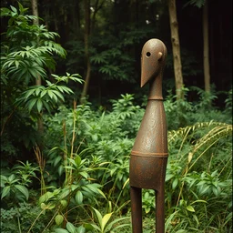 1 9 6 0 s vintage scanned color photo of a henry moore, brancusi rusty bronze figure sculpture in the middle of a jungle, image by werner herzog, tarkovsky
