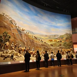 megalophobia!!!!! photo of an exhibit museum room, people looking at a big diorama depicting the full history of humanity, national art museum, scientific, ethereal, rule of thirds