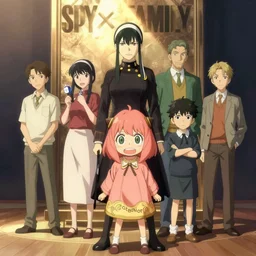 yor forger and the cast of spy x family drawn in the style of studio ghibli