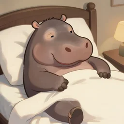 sad anthropomorphic hippo waking up in bed, trending on artstation