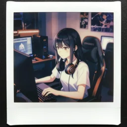a film still polaroid portrait of a young gamersgirl at her computer, detailed features, perfect art, busy room, hd, gapmoe yandere, trending on pixiv, focussed painted art, by wlop, ilya kuvshinov, artgerm, krenz cushart, pixiv