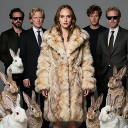 natalie portman wearing rabbit fur coat, rabbits all around, highly detailed by peter mohrbacher, hajime sorayama, wayne barlowe, boris vallejo, aaron horkey, gaston bussiere, craig mullins