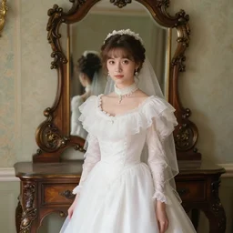 portrait of a young victorian lady with a long cute beautiful wedding dress in a beautiful victorian roomin front of a victorian mirror, high quality by jeremy mann, only one head single portrait