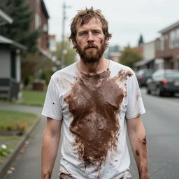 homeless justin vernon in portland covered in chocolate stains. photograph.