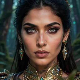 a tattooed indian female warrior wearing a magical leotard in a magical forest, hyper realistic face, hyper realistic eyes, beautiful detailed eyes, fantasy art, in the style of greg rutkowski, illustration, epic, fantasy, intricate, hyper detailed, artstation, concept art, smooth, sharp focus, vibrant