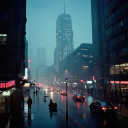 kodachrome photograph, saturated photo, 1 9 6 7 dystopian cyberpunk city during a melancholy rainy night