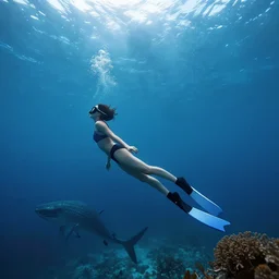 person freediving underwater with a sea monster, trending on pixiv, artstation