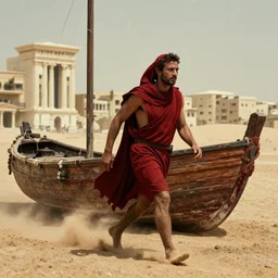 movie still of a man in red drapery in a blood barque next to a neo - classical city in the desert, leica sl 2 5 0 mm, heavy grain, high quality, high detail, run, mud