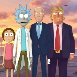 a joe biden as morty from rick and morty and trump as rick, in studio ghibli, pixar and disney animation character design, sharp, rendered in unreal engine 5, anime key art by glen keane, ross tran, bloom, dramatic lighting, sunrise